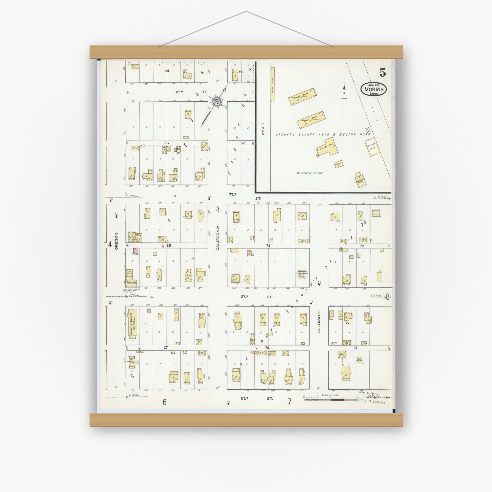 Old map wall art mockup — magnetic wood frame on white wall — Sanborn Fire Insurance Map from Morris, Stevens County, Minnesota (1915), Sheet #0005