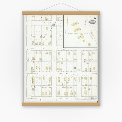 Old map wall art mockup — magnetic wood frame on white wall — Sanborn Fire Insurance Map from Morris, Stevens County, Minnesota (1915), Sheet #0005