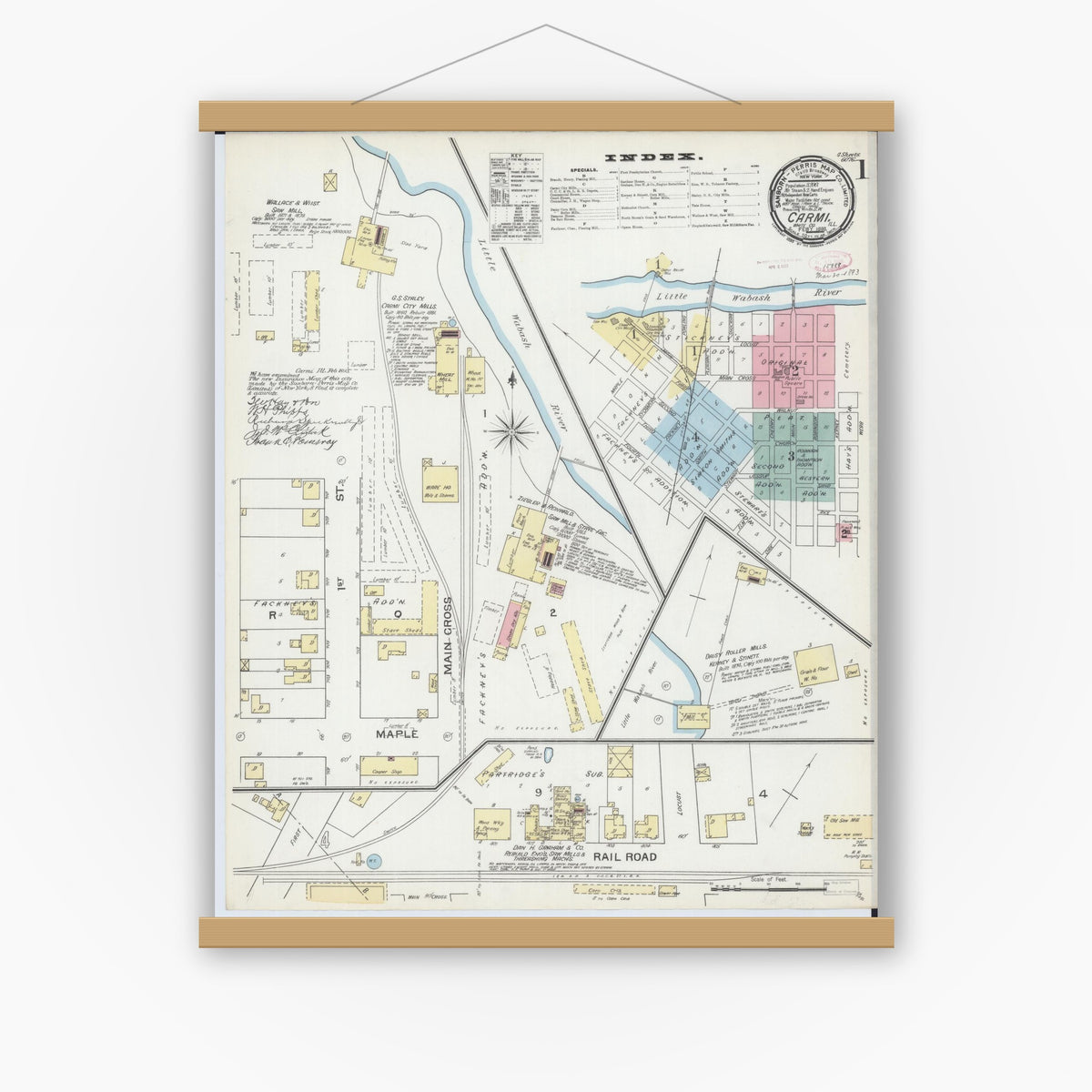 Old map wall art mockup — magnetic wood frame on white wall — Sanborn Fire Insurance Map from Carmi, White County, Illinois (1893) - Complete Map Set