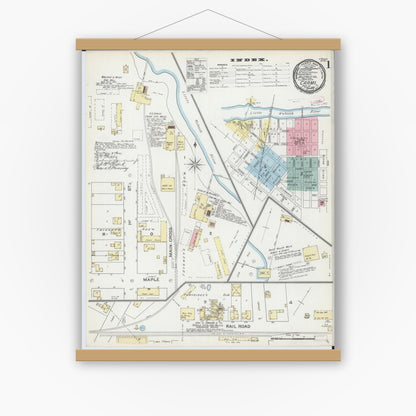 Old map wall art mockup — magnetic wood frame on white wall — Sanborn Fire Insurance Map from Carmi, White County, Illinois (1893) - Complete Map Set
