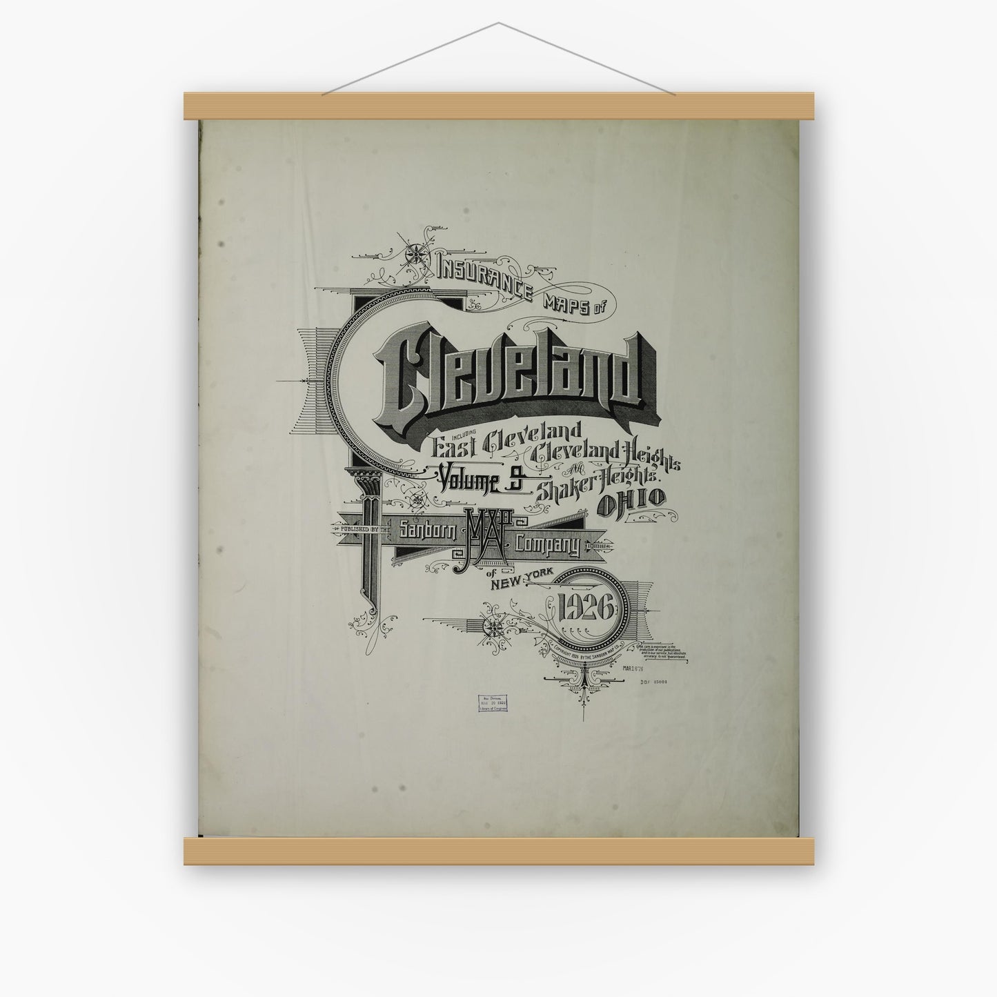 Old map wall art mockup — magnetic wood frame on white wall — Sanborn Fire Insurance Map from Cleveland, Cuyahoga County, Ohio (1926), Sheet #0001