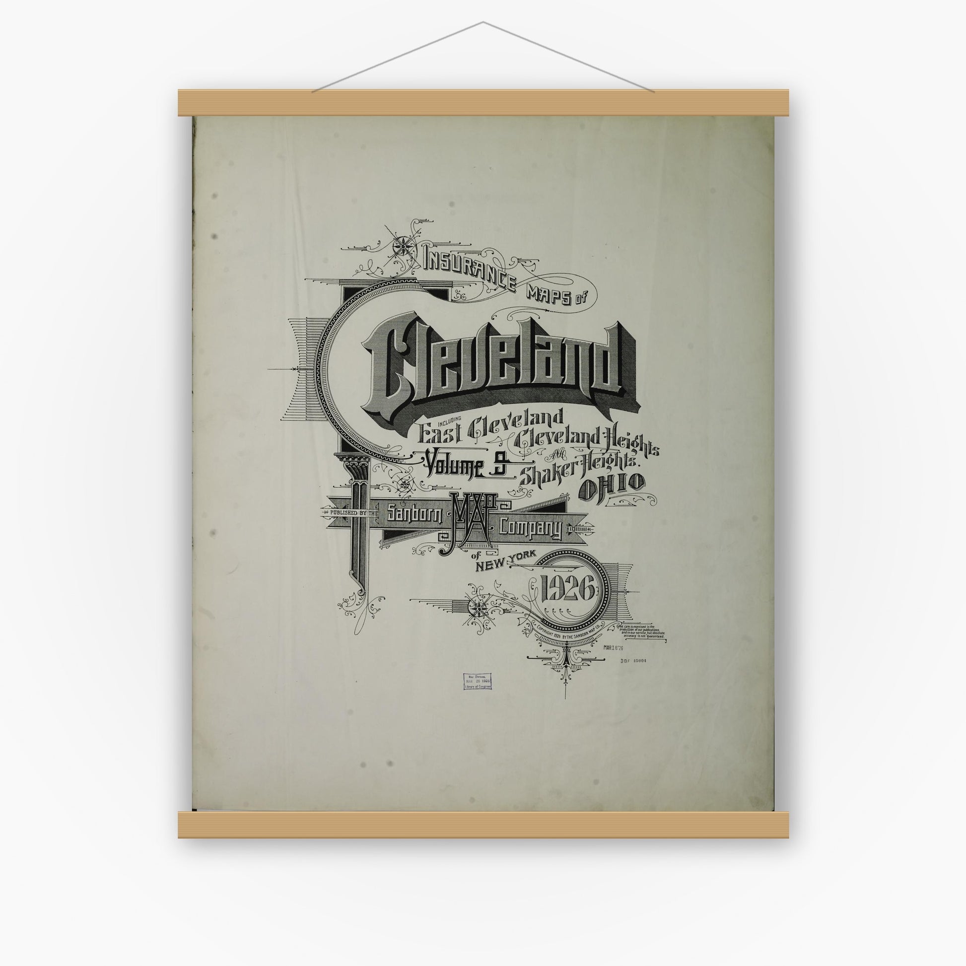Old map wall art mockup — magnetic wood frame on white wall — Sanborn Fire Insurance Map from Cleveland, Cuyahoga County, Ohio (1926), Sheet #0001