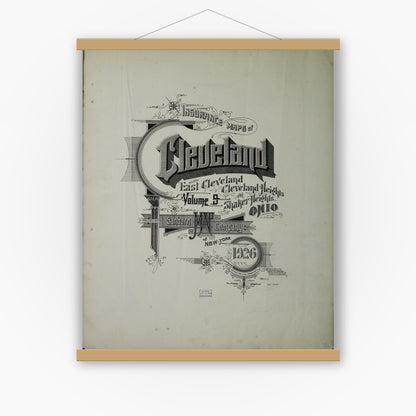 Old map wall art mockup — magnetic wood frame on white wall — Sanborn Fire Insurance Map from Cleveland, Cuyahoga County, Ohio (1926), Sheet #0001
