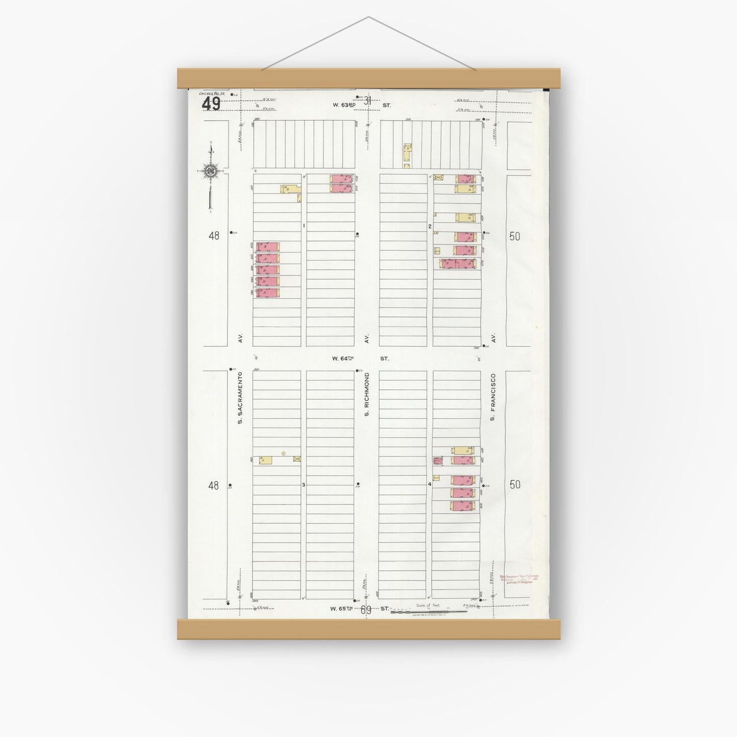 Old map wall art mockup — magnetic wood frame on white wall — Sanborn Fire Insurance Map from Chicago, Cook County, Illinois (1920), Sheet #0049
