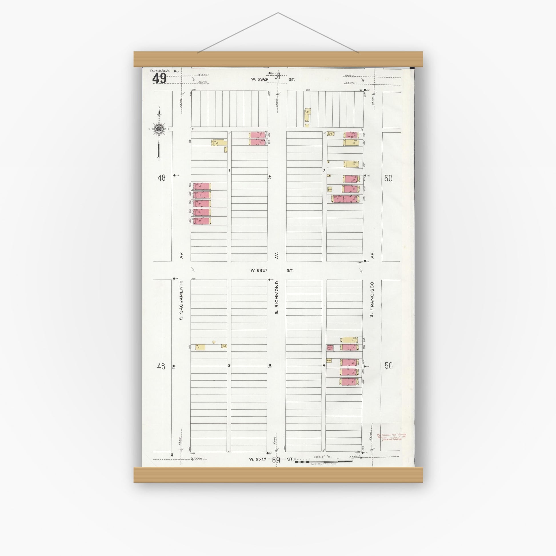 Old map wall art mockup — magnetic wood frame on white wall — Sanborn Fire Insurance Map from Chicago, Cook County, Illinois (1920), Sheet #0049