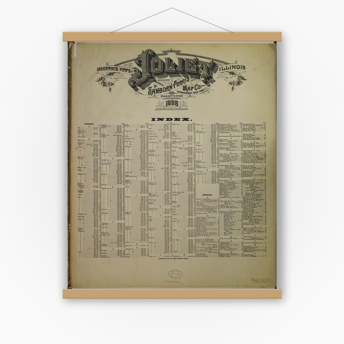 Old map wall art mockup — magnetic wood frame on white wall — Sanborn Fire Insurance Map from Joliet, Will County, Illinois (1898), Sheet #0001