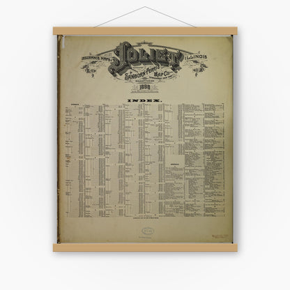 Old map wall art mockup — magnetic wood frame on white wall — Sanborn Fire Insurance Map from Joliet, Will County, Illinois (1898), Sheet #0001