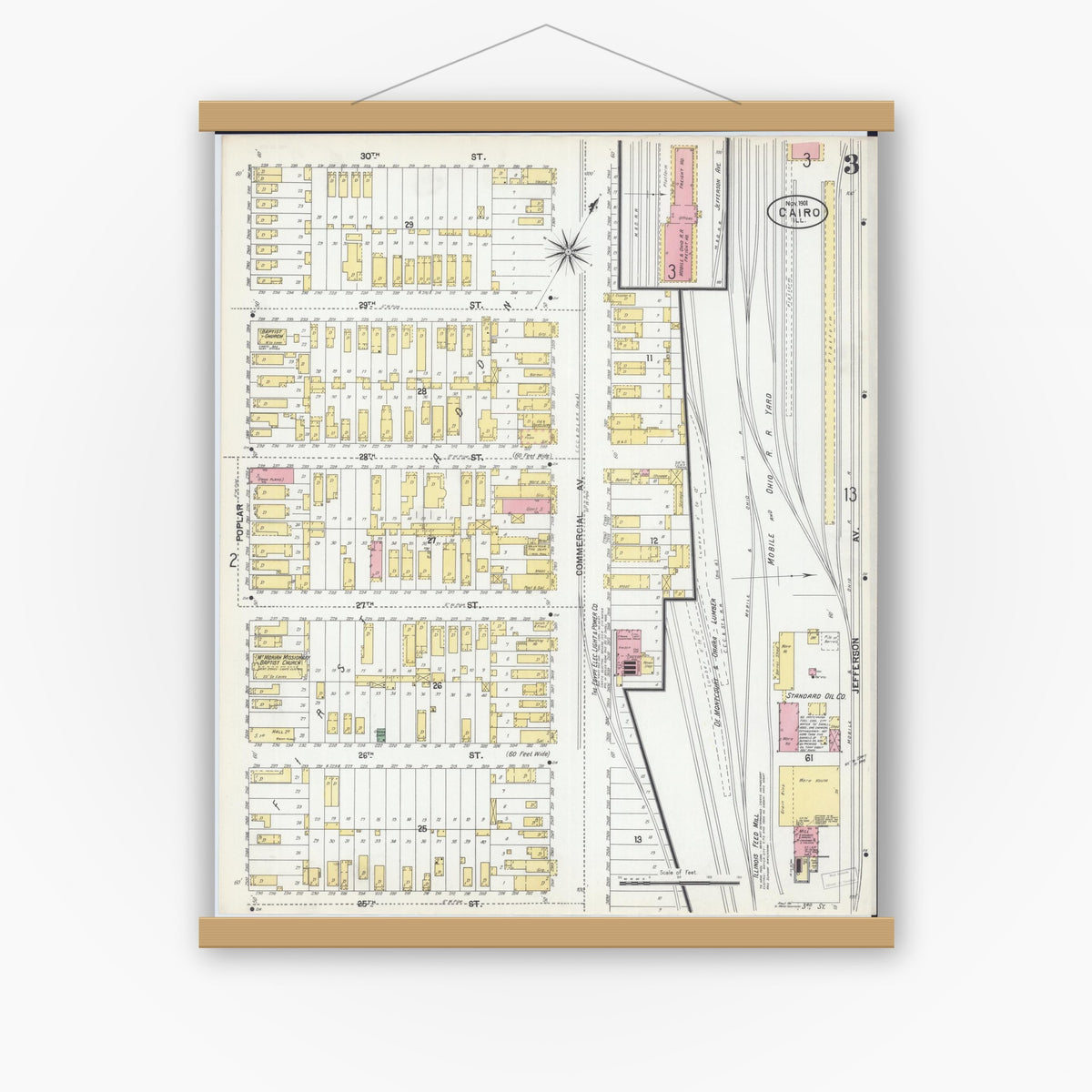 Old map wall art mockup — magnetic wood frame on white wall — Sanborn Fire Insurance Map from Cairo, Alexander County, Illinois (1901), Sheet #0003