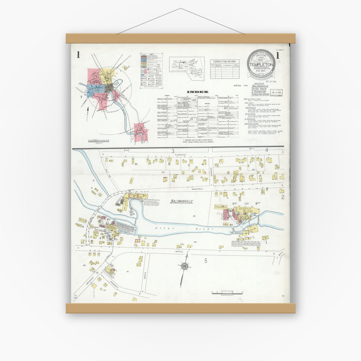 Old map wall art mockup — magnetic wood frame on white wall — Sanborn Fire Insurance Map from Templeton, Worcester County, Massachusetts (1934) - Complete Map Set