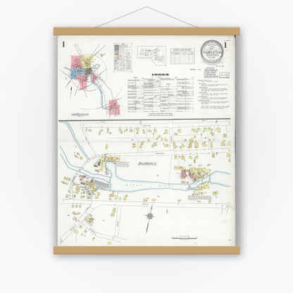 Old map wall art mockup — magnetic wood frame on white wall — Sanborn Fire Insurance Map from Templeton, Worcester County, Massachusetts (1934) - Complete Map Set