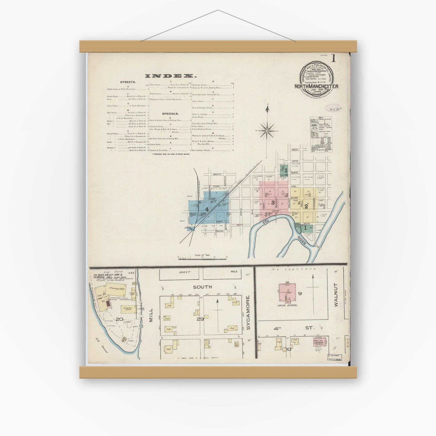 Old map wall art mockup — magnetic wood frame on white wall — Sanborn Fire Insurance Map from North Manchester, Wabash County, Indiana (1886), Sheet #0001