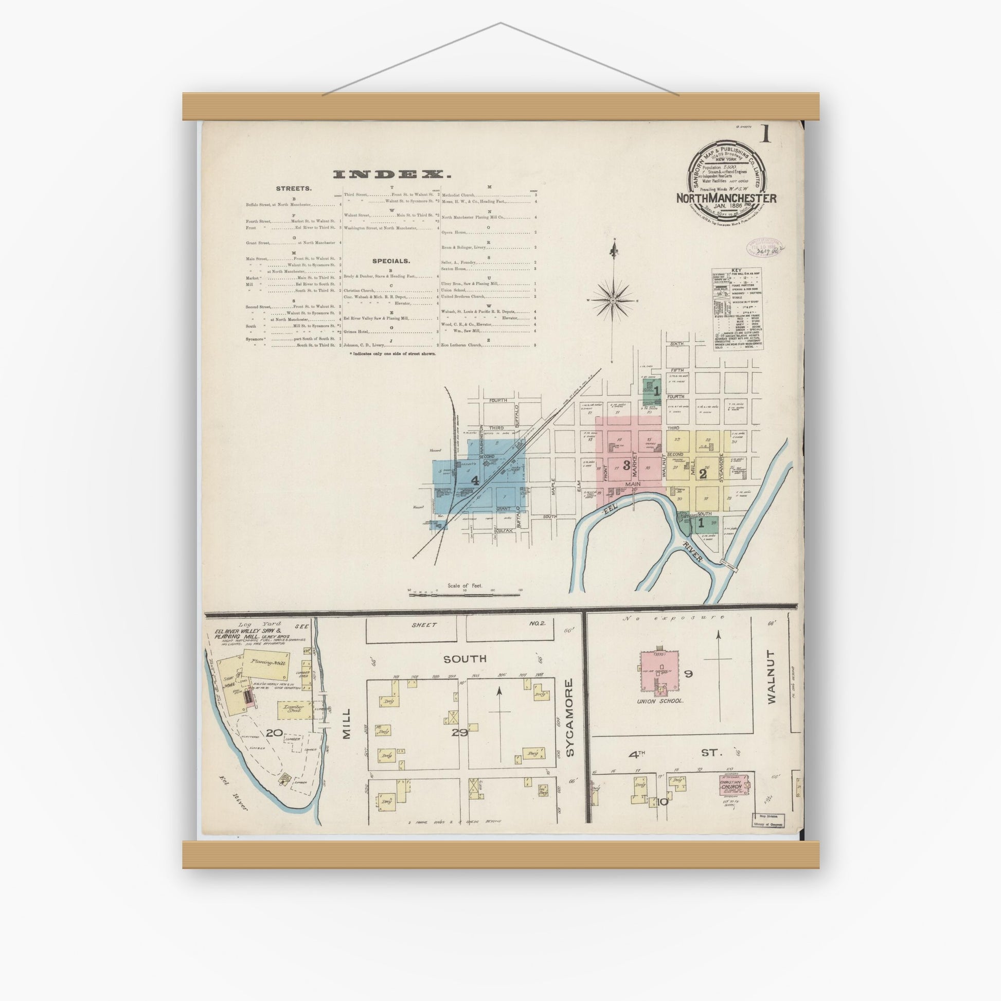 Old map wall art mockup — magnetic wood frame on white wall — Sanborn Fire Insurance Map from North Manchester, Wabash County, Indiana (1886), Sheet #0001