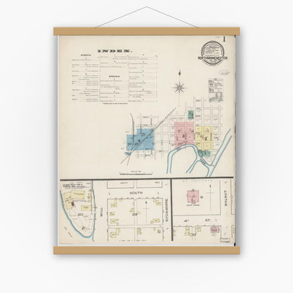 Old map wall art mockup — magnetic wood frame on white wall — Sanborn Fire Insurance Map from North Manchester, Wabash County, Indiana (1886), Sheet #0001