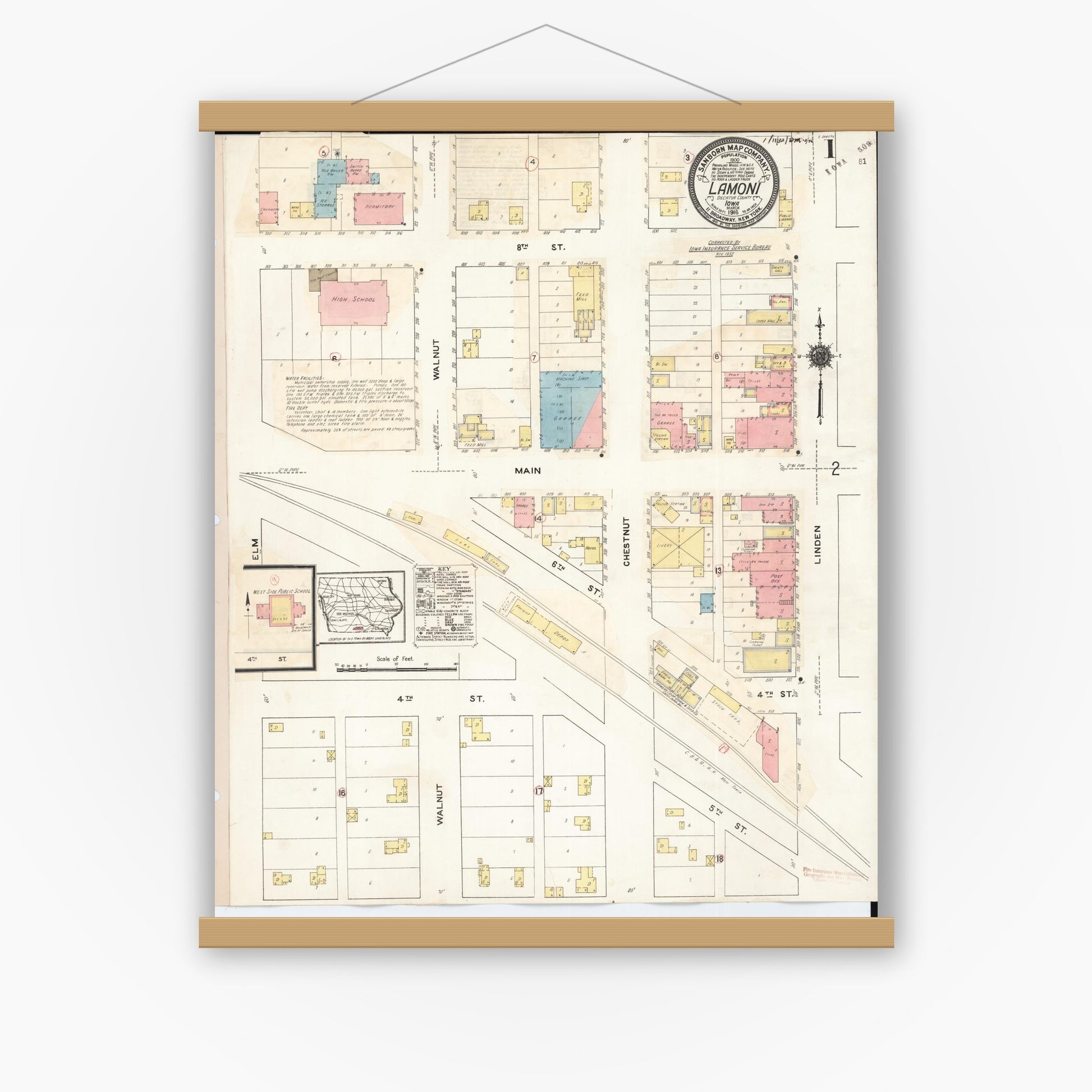 Old map wall art mockup — magnetic wood frame on white wall — Sanborn Fire Insurance Map from Lamoni, Decatur County, Iowa (1932), Sheet #0001