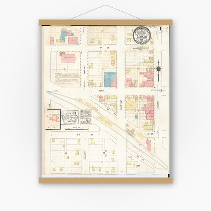 Old map wall art mockup — magnetic wood frame on white wall — Sanborn Fire Insurance Map from Lamoni, Decatur County, Iowa (1932), Sheet #0001