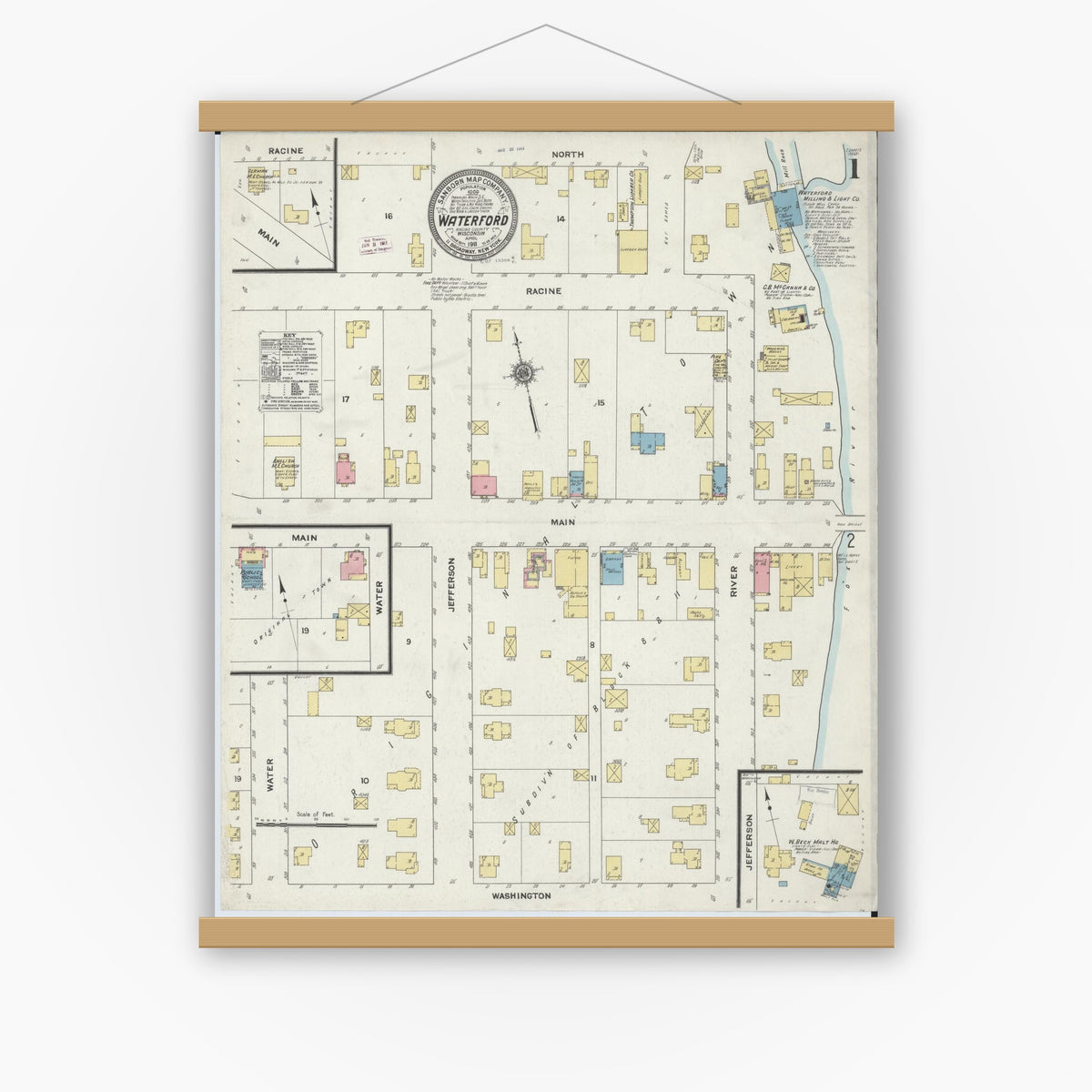 Old map wall art mockup — magnetic wood frame on white wall — Sanborn Fire Insurance Map from Waterford, Racine County, Wisconsin (1911) - Complete Map Set