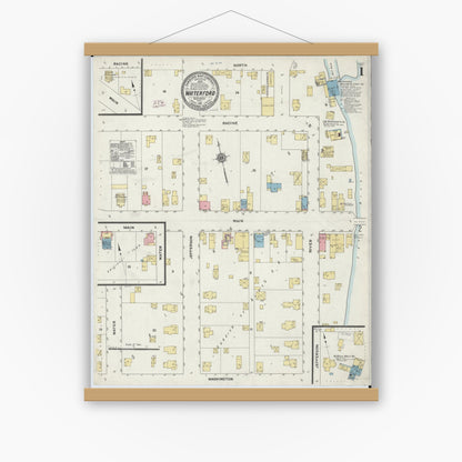 Old map wall art mockup — magnetic wood frame on white wall — Sanborn Fire Insurance Map from Waterford, Racine County, Wisconsin (1911) - Complete Map Set