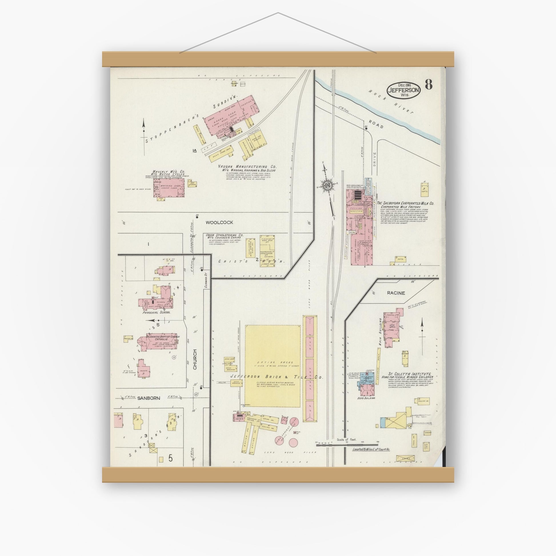 Old map wall art mockup — magnetic wood frame on white wall — Sanborn Fire Insurance Map from Jefferson, Jefferson County, Wisconsin (1914), Sheet #0008