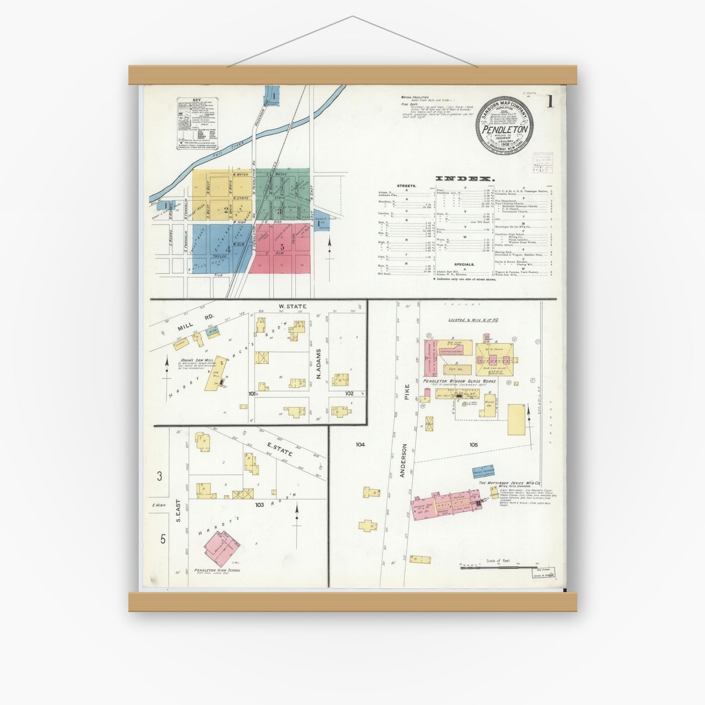 Old map wall art mockup — magnetic wood frame on white wall — Sanborn Fire Insurance Map from Pendleton, Madison County, Indiana (1908) - Complete Map Set