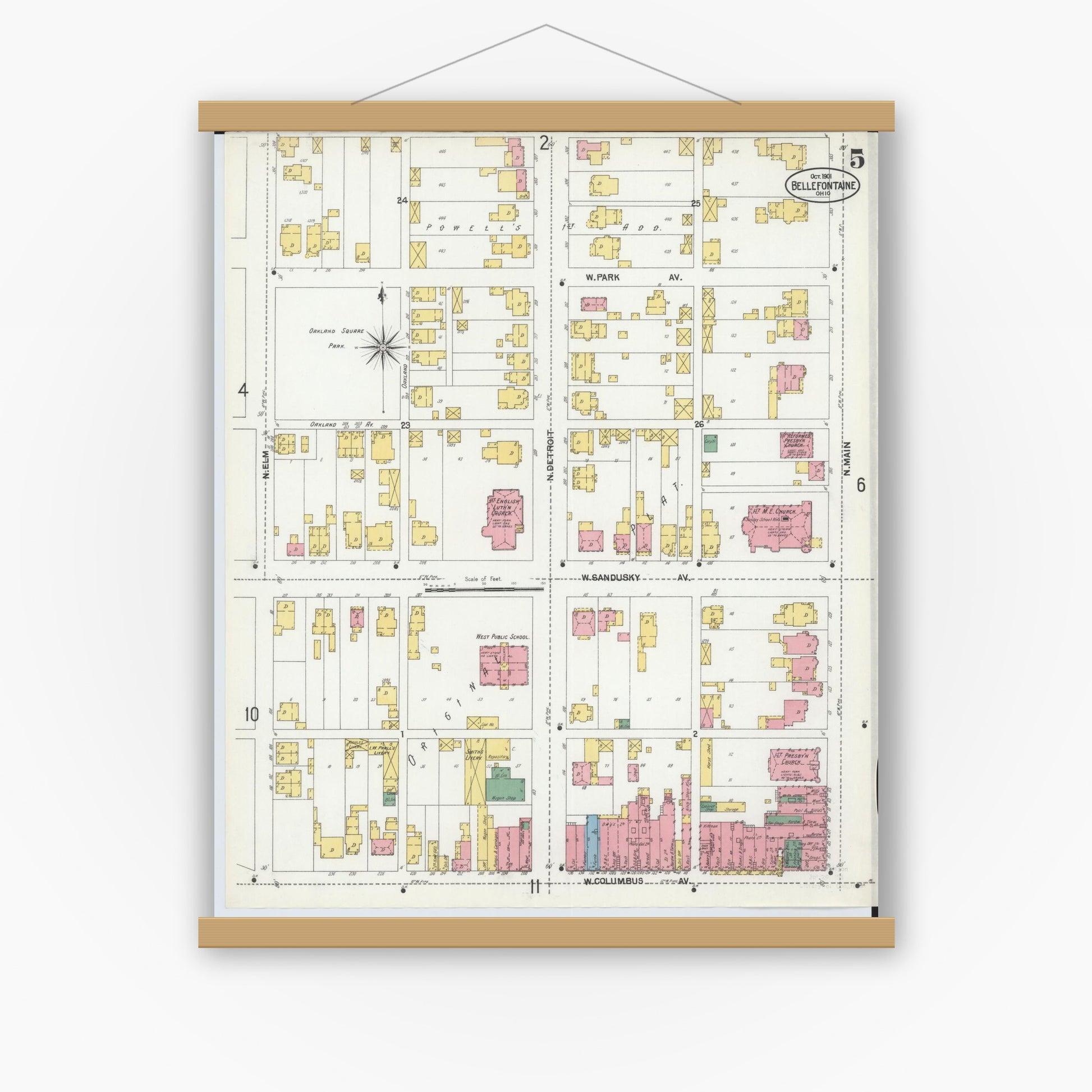 Old map wall art mockup — magnetic wood frame on white wall — Sanborn Fire Insurance Map from Bellefontaine, Logan County, Ohio (1901), Sheet #0005