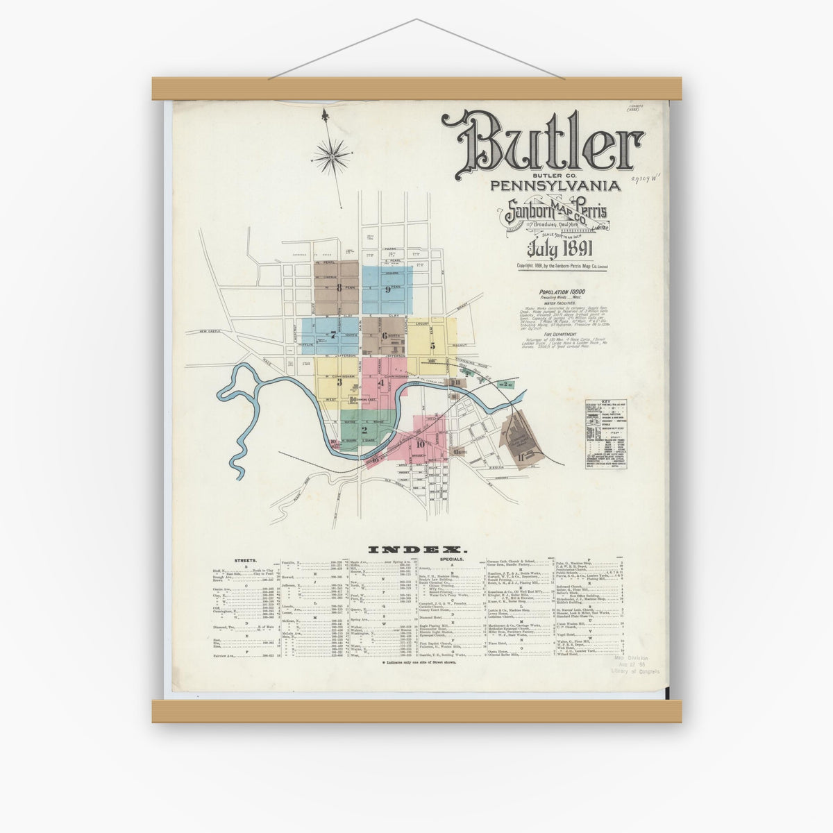 Old map wall art mockup — magnetic wood frame on white wall — Sanborn Fire Insurance Map from Butler, Butler County, Pennsylvania (1891) - Complete Map Set