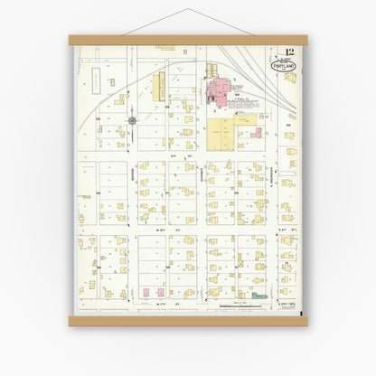 Old map wall art mockup — magnetic wood frame on white wall — Sanborn Fire Insurance Map from Portland, Jay County, Indiana (1910), Sheet #0012
