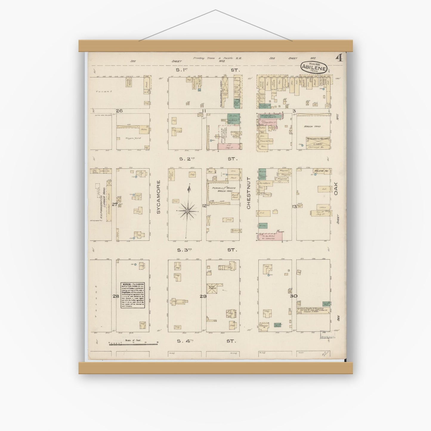 Old map wall art mockup — magnetic wood frame on white wall — Sanborn Fire Insurance Map from Abilene, Taylor County, Texas (1885), Sheet #0004