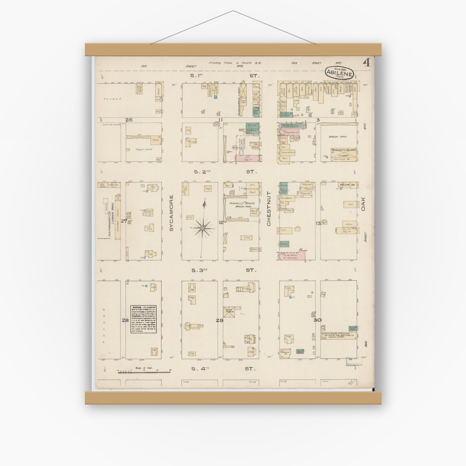 Old map wall art mockup — magnetic wood frame on white wall — Sanborn Fire Insurance Map from Abilene, Taylor County, Texas (1885), Sheet #0004