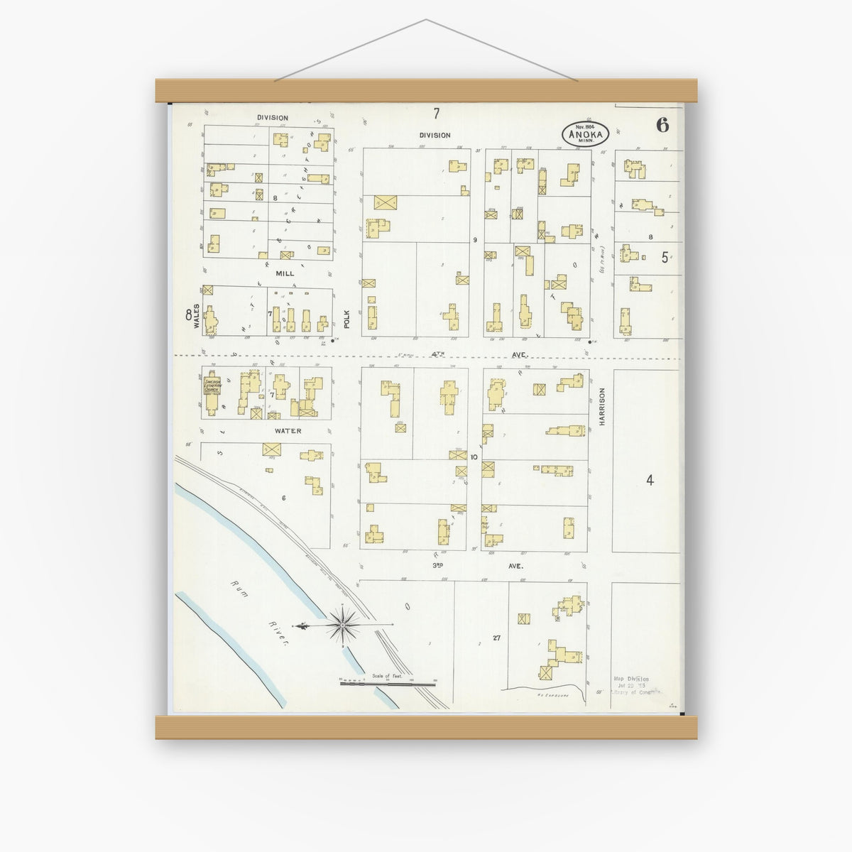 Old map wall art mockup — magnetic wood frame on white wall — Sanborn Fire Insurance Map from Anoka, Anoka County, Minnesota (1904), Sheet #0006