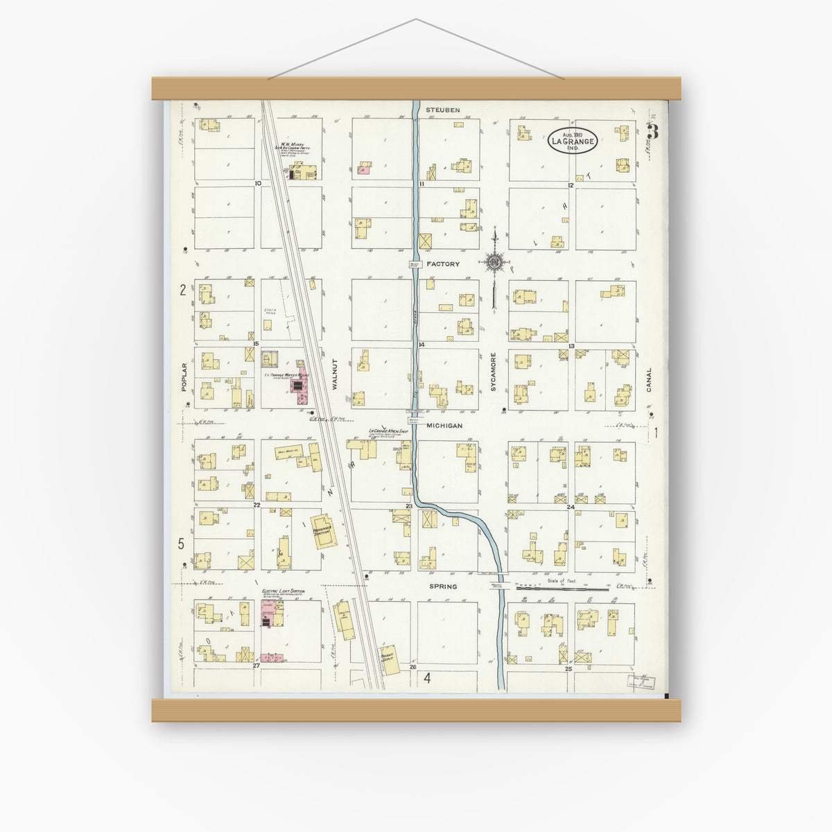 Old map wall art mockup — magnetic wood frame on white wall — Sanborn Fire Insurance Map from Lagrange, LaGrange County, Indiana (1910), Sheet #0003