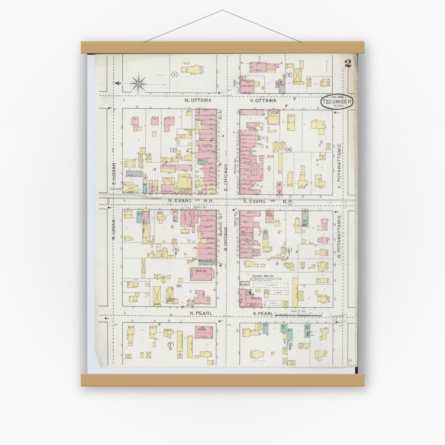 Old map wall art mockup — magnetic wood frame on white wall — Sanborn Fire Insurance Map from Tecumseh, Lenawee County, Michigan (1893), Sheet #0002