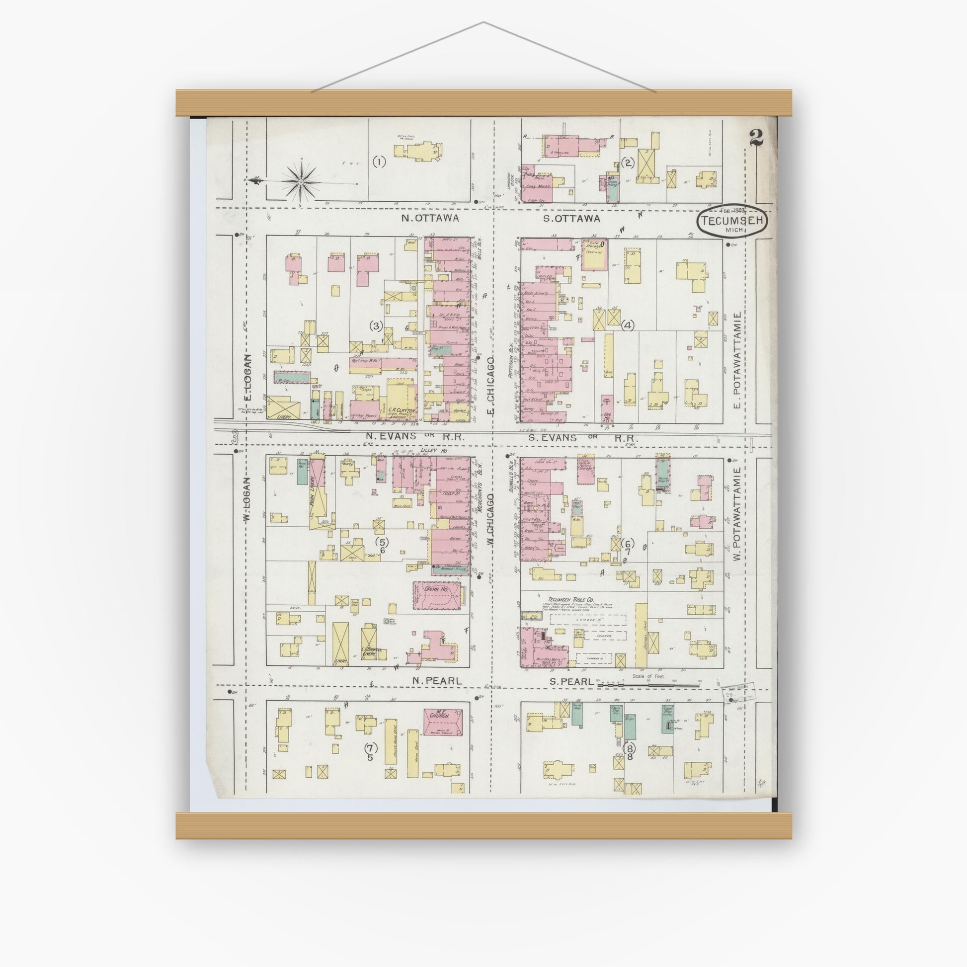 Old map wall art mockup — magnetic wood frame on white wall — Sanborn Fire Insurance Map from Tecumseh, Lenawee County, Michigan (1893), Sheet #0002