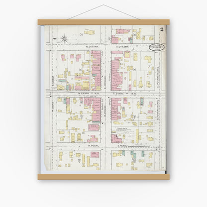 Old map wall art mockup — magnetic wood frame on white wall — Sanborn Fire Insurance Map from Tecumseh, Lenawee County, Michigan (1893), Sheet #0002
