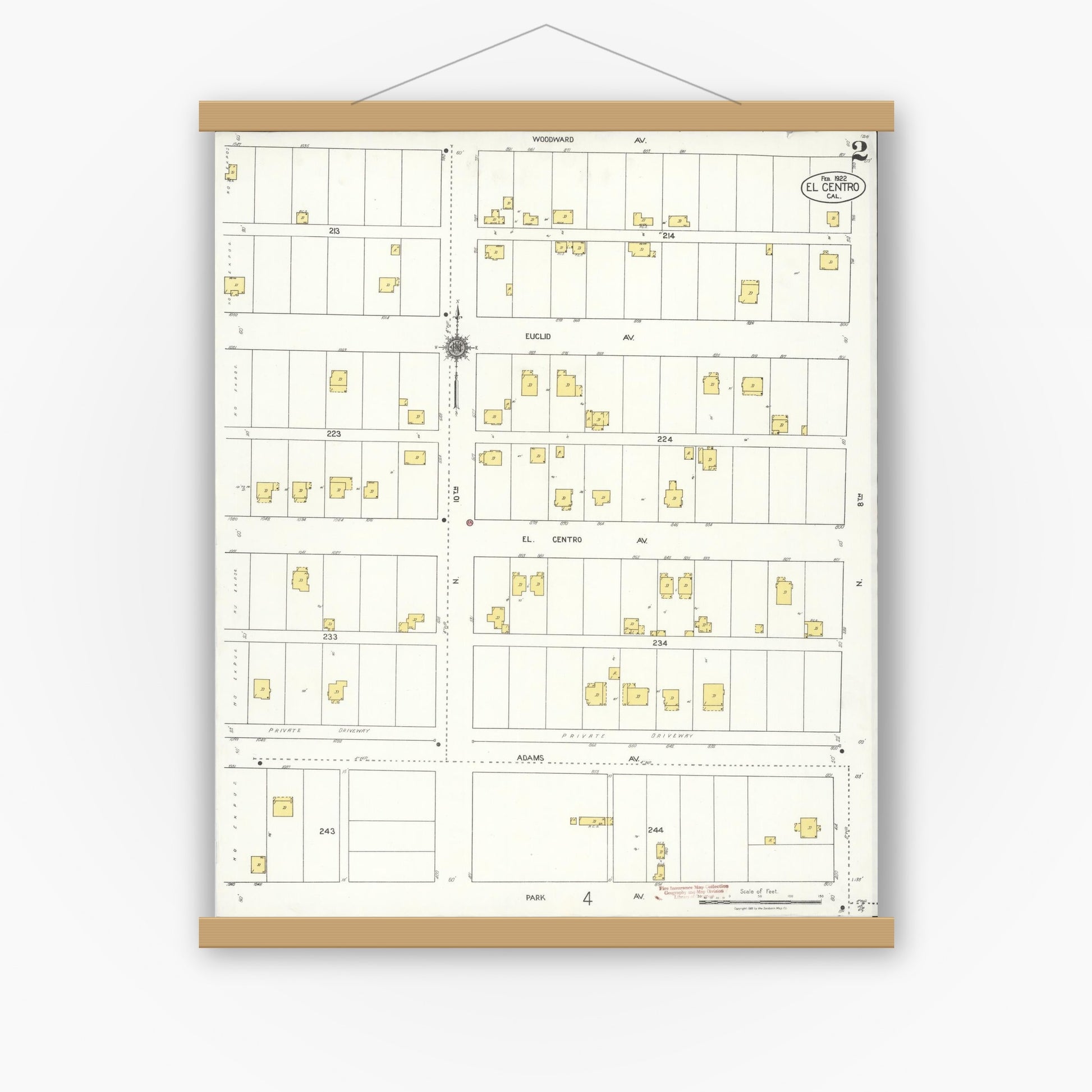 Old map wall art mockup — magnetic wood frame on white wall — Sanborn Fire Insurance Map from El Centro, Imperial County, California (1922), Sheet #0002