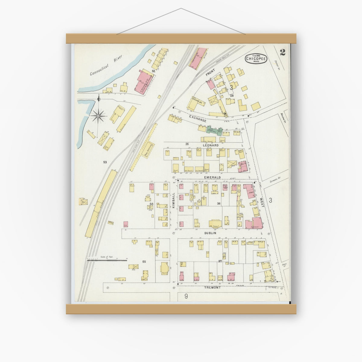 Old map wall art mockup — magnetic wood frame on white wall — Sanborn Fire Insurance Map from Chicopee, Hampden County, Massachusetts (1896) - Complete Map Set