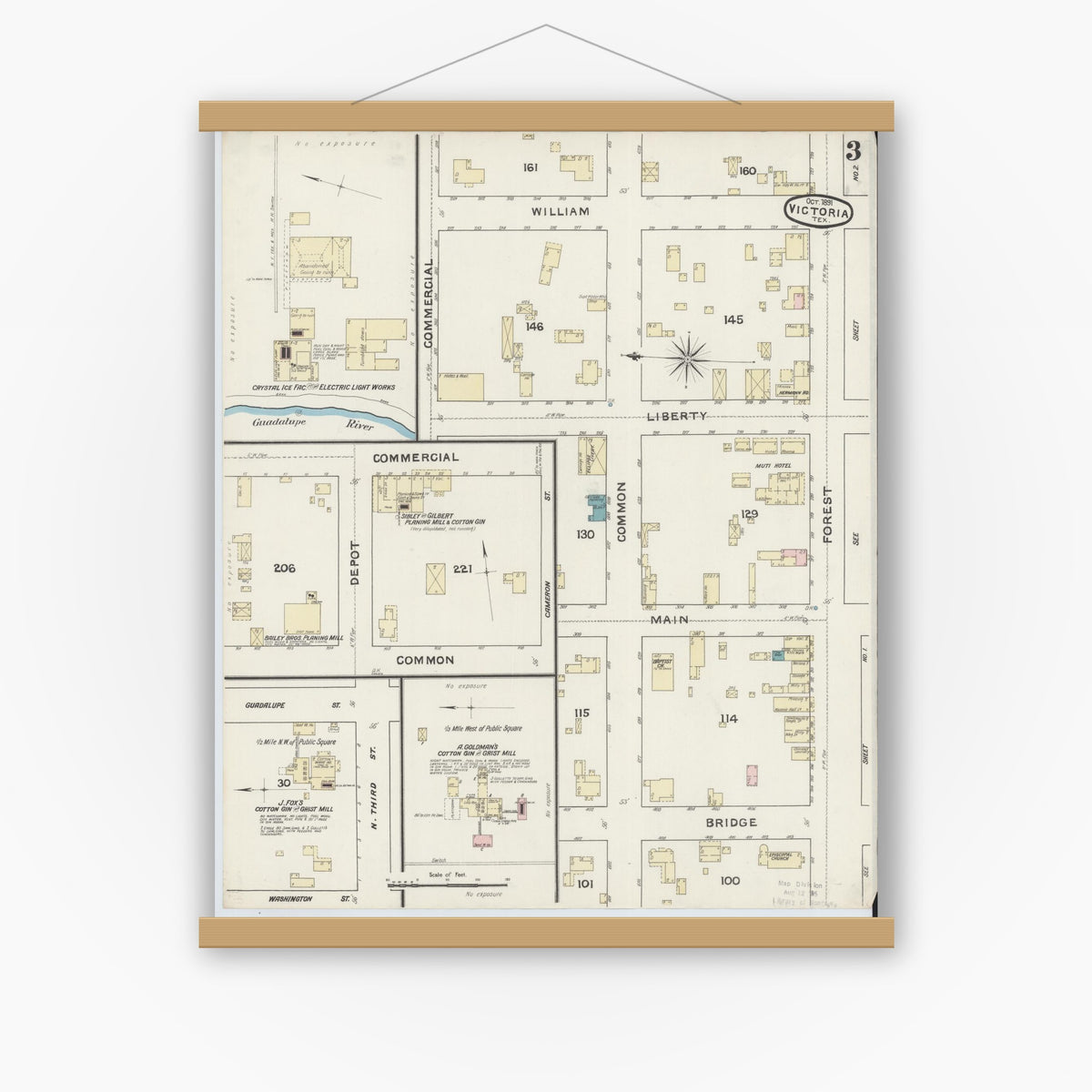 Old map wall art mockup — magnetic wood frame on white wall — Sanborn Fire Insurance Map from Victoria, Victoria County, Texas (1891), Sheet #0003