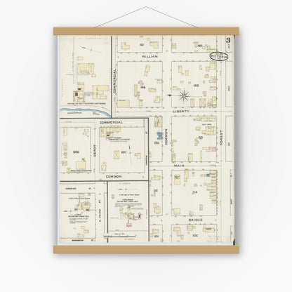 Old map wall art mockup — magnetic wood frame on white wall — Sanborn Fire Insurance Map from Victoria, Victoria County, Texas (1891), Sheet #0003