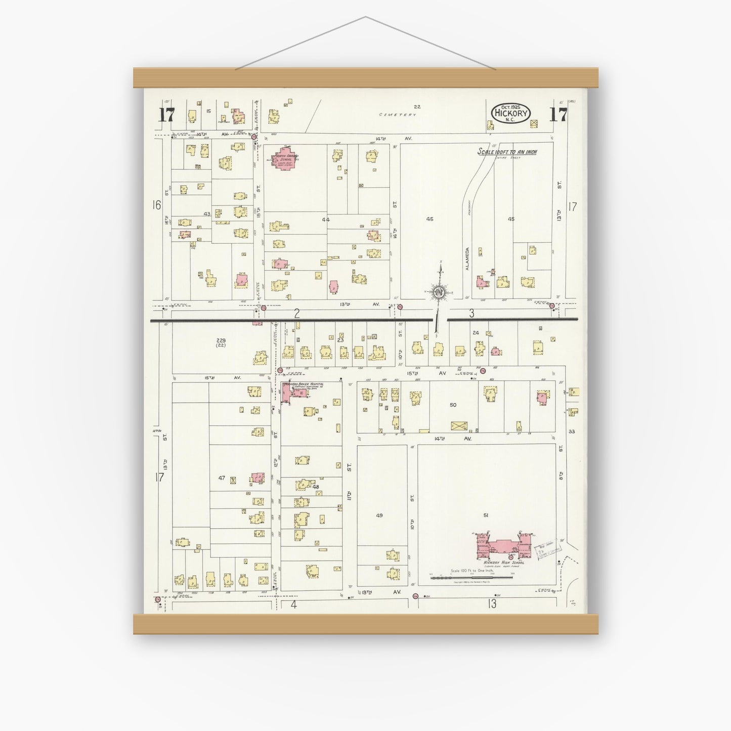Old map wall art mockup — magnetic wood frame on white wall — Sanborn Fire Insurance Map from Hickory, Catawba County, North Carolina (1925), Sheet #0017