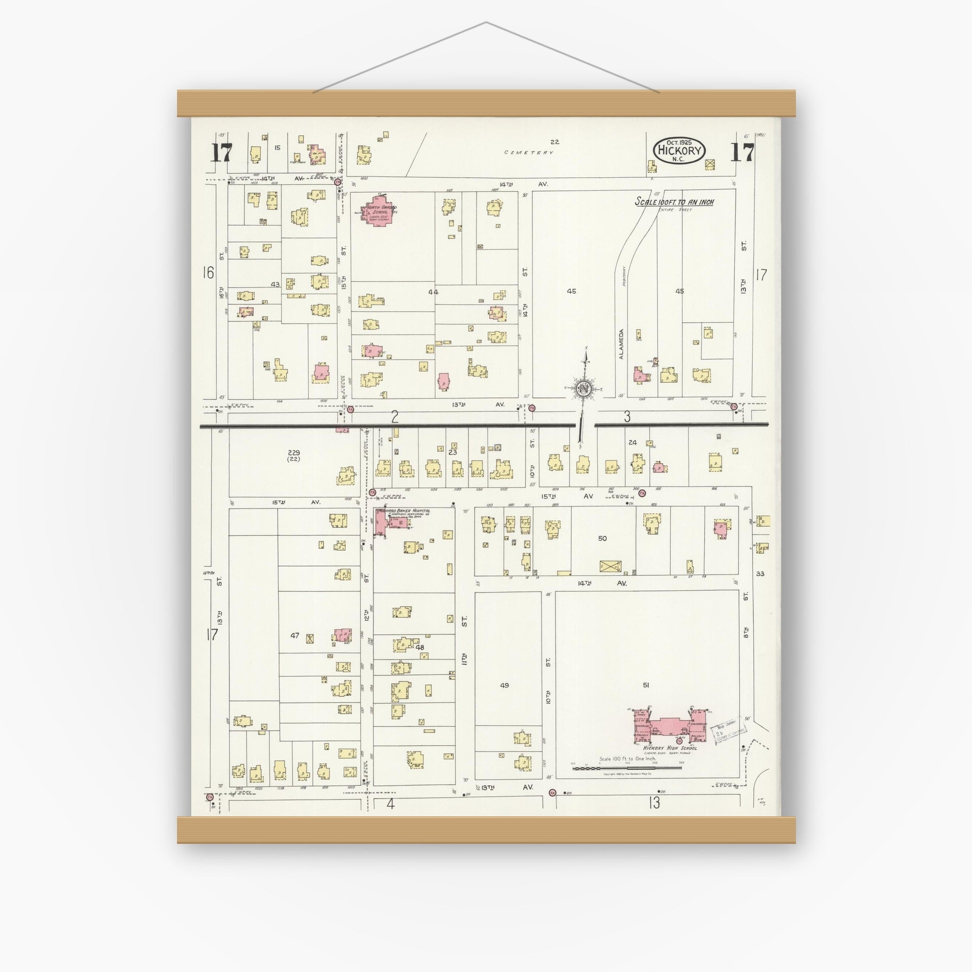 Old map wall art mockup — magnetic wood frame on white wall — Sanborn Fire Insurance Map from Hickory, Catawba County, North Carolina (1925), Sheet #0017