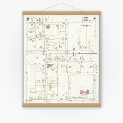 Old map wall art mockup — magnetic wood frame on white wall — Sanborn Fire Insurance Map from Hickory, Catawba County, North Carolina (1925), Sheet #0017