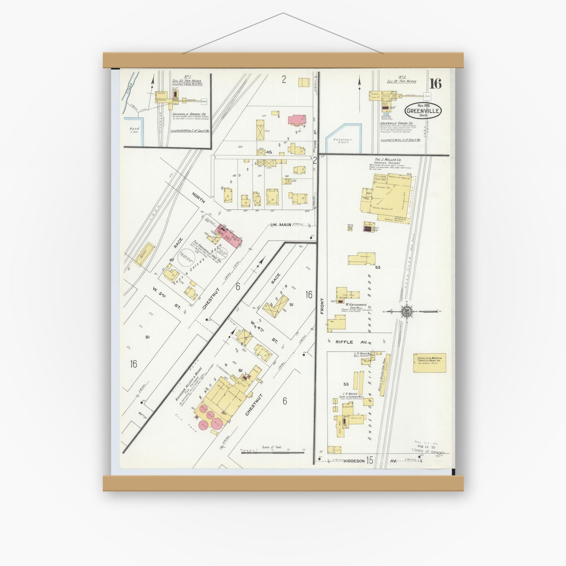 Old map wall art mockup — magnetic wood frame on white wall — Sanborn Fire Insurance Map from Greenville, Darke County, Ohio (1910), Sheet #0016