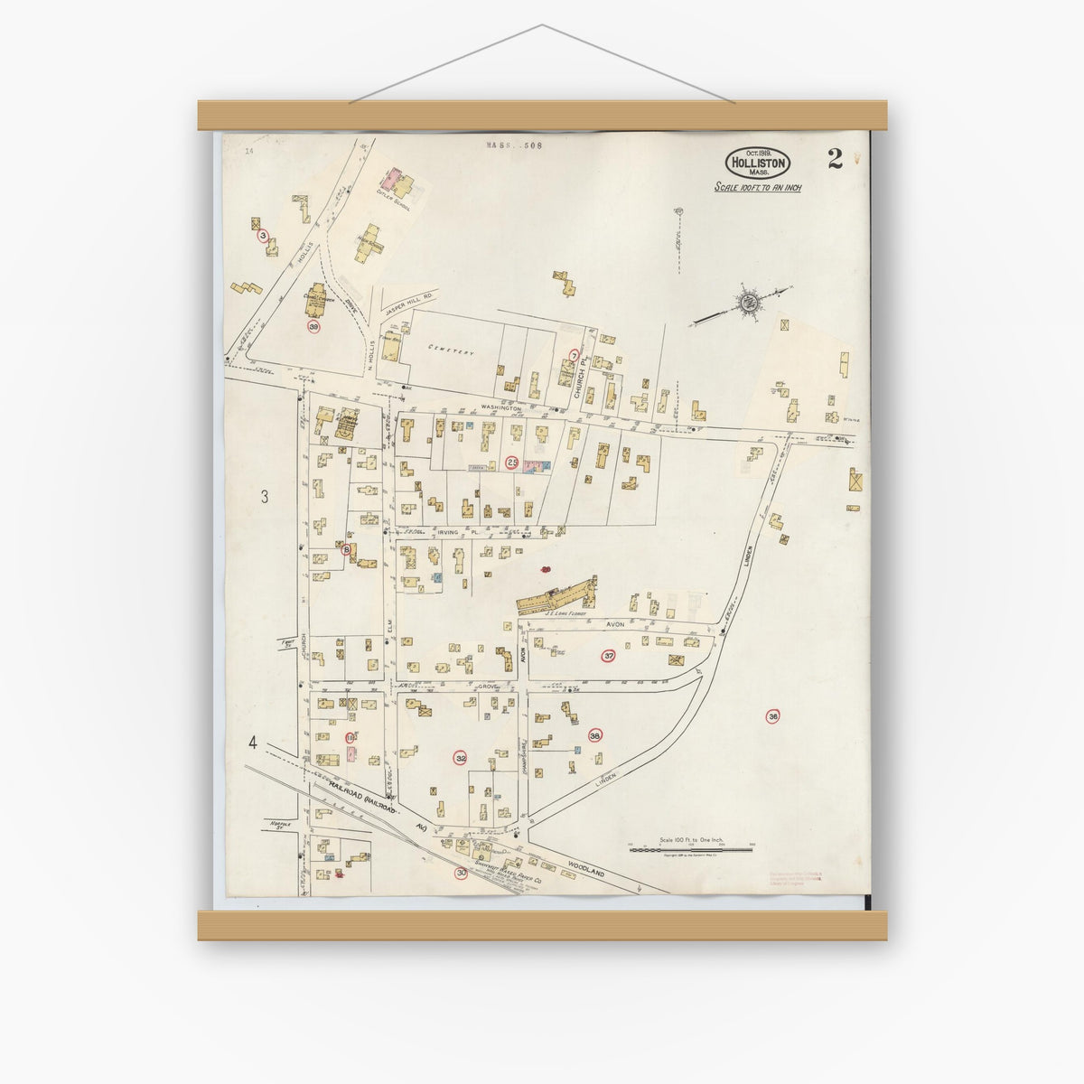 Old map wall art mockup — magnetic wood frame on white wall — Sanborn Fire Insurance Map from Holliston, Middlesex County, Massachusetts (1942), Sheet #0002