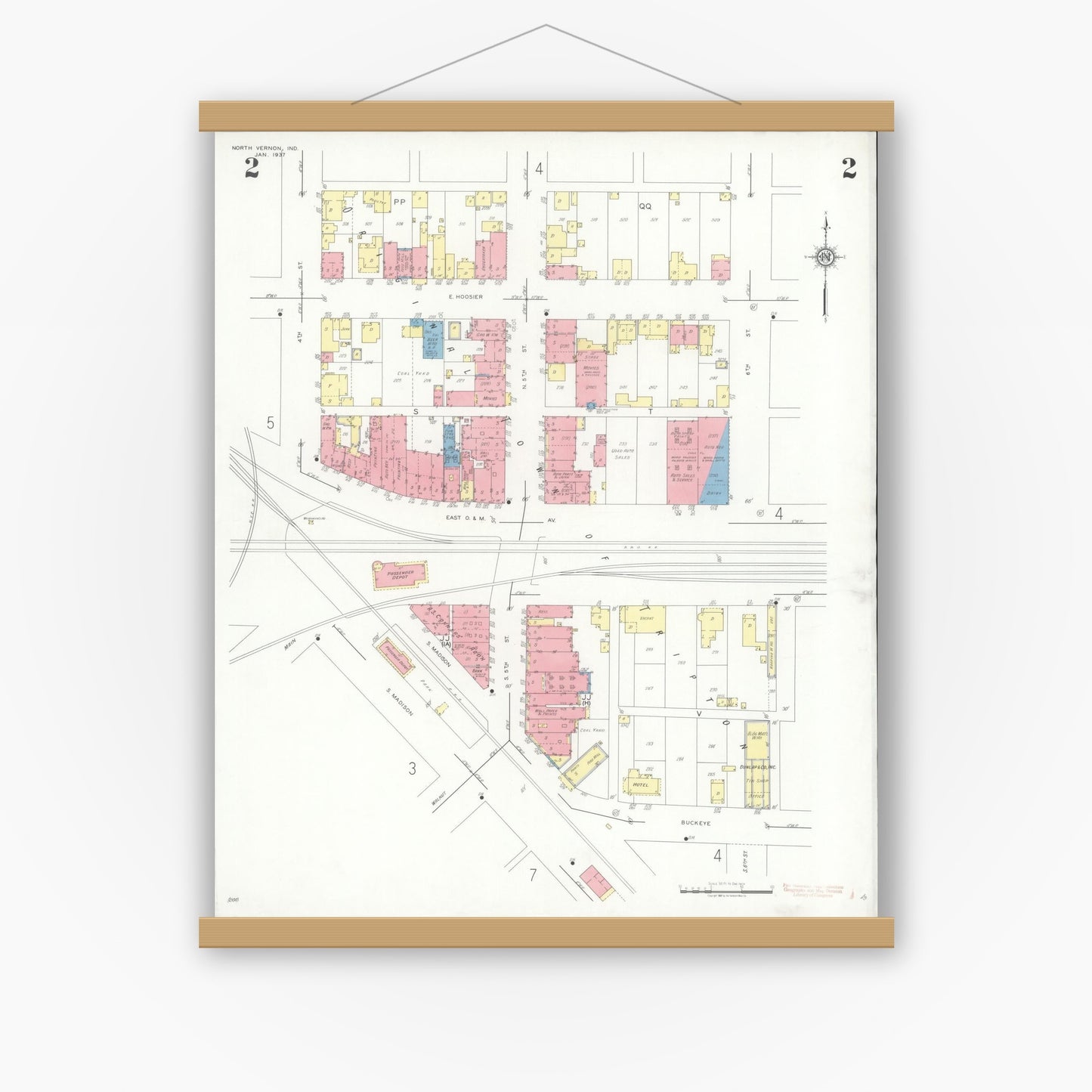 Old map wall art mockup — magnetic wood frame on white wall — Sanborn Fire Insurance Map from North Vernon, Jennings County, Indiana (1937), Sheet #0002