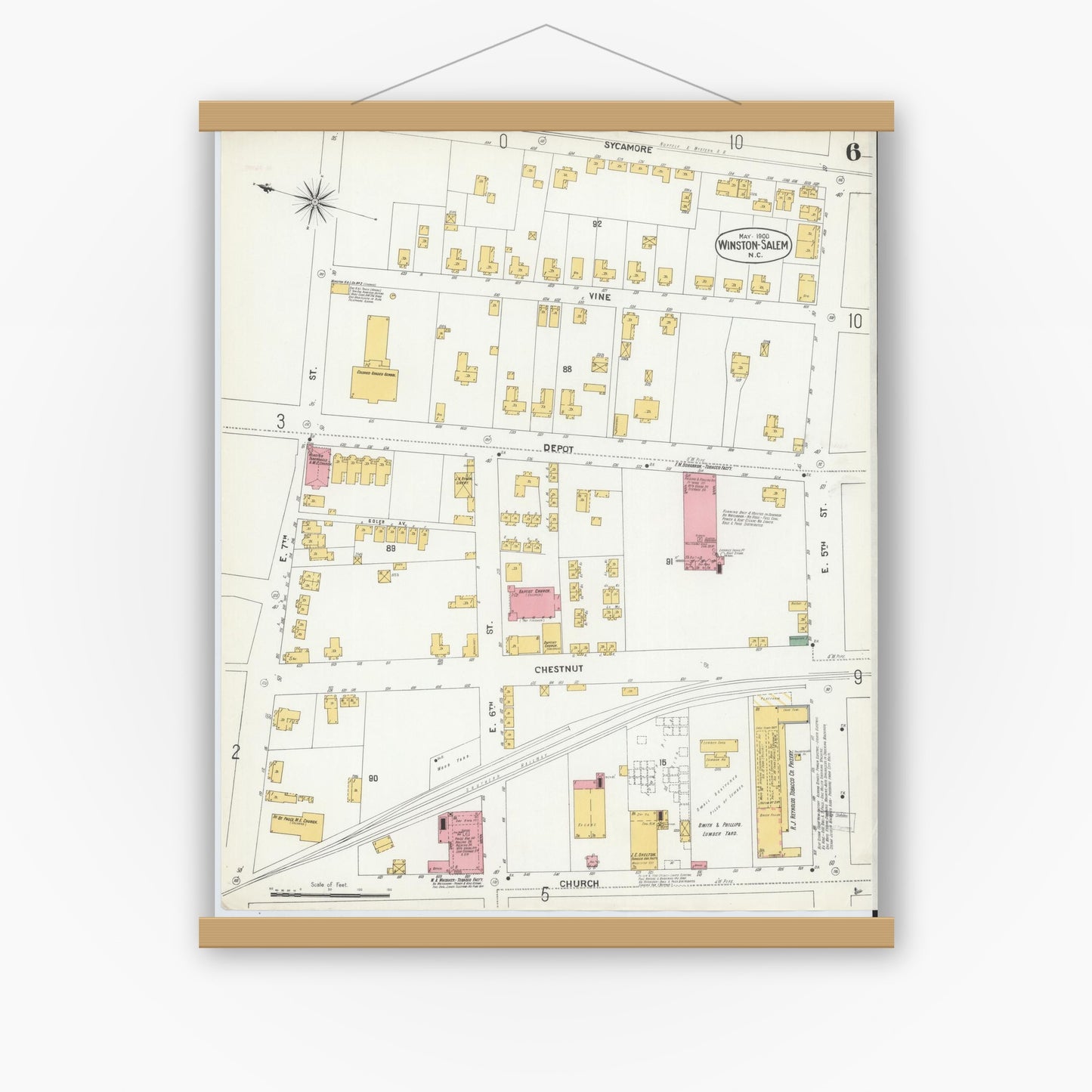 Old map wall art mockup — magnetic wood frame on white wall — Sanborn Fire Insurance Map from Winston-Salem, Forsyth County, North Carolina (1900), Sheet #0006