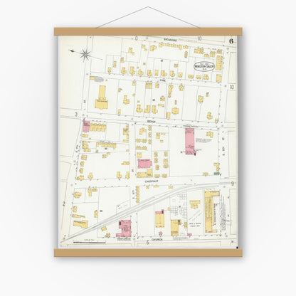 Old map wall art mockup — magnetic wood frame on white wall — Sanborn Fire Insurance Map from Winston-Salem, Forsyth County, North Carolina (1900), Sheet #0006