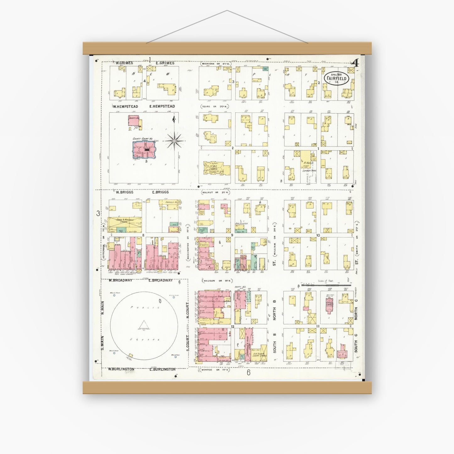 Old map wall art mockup — magnetic wood frame on white wall — Sanborn Fire Insurance Map from Fairfield, Jefferson County, Iowa (1899), Sheet #0004