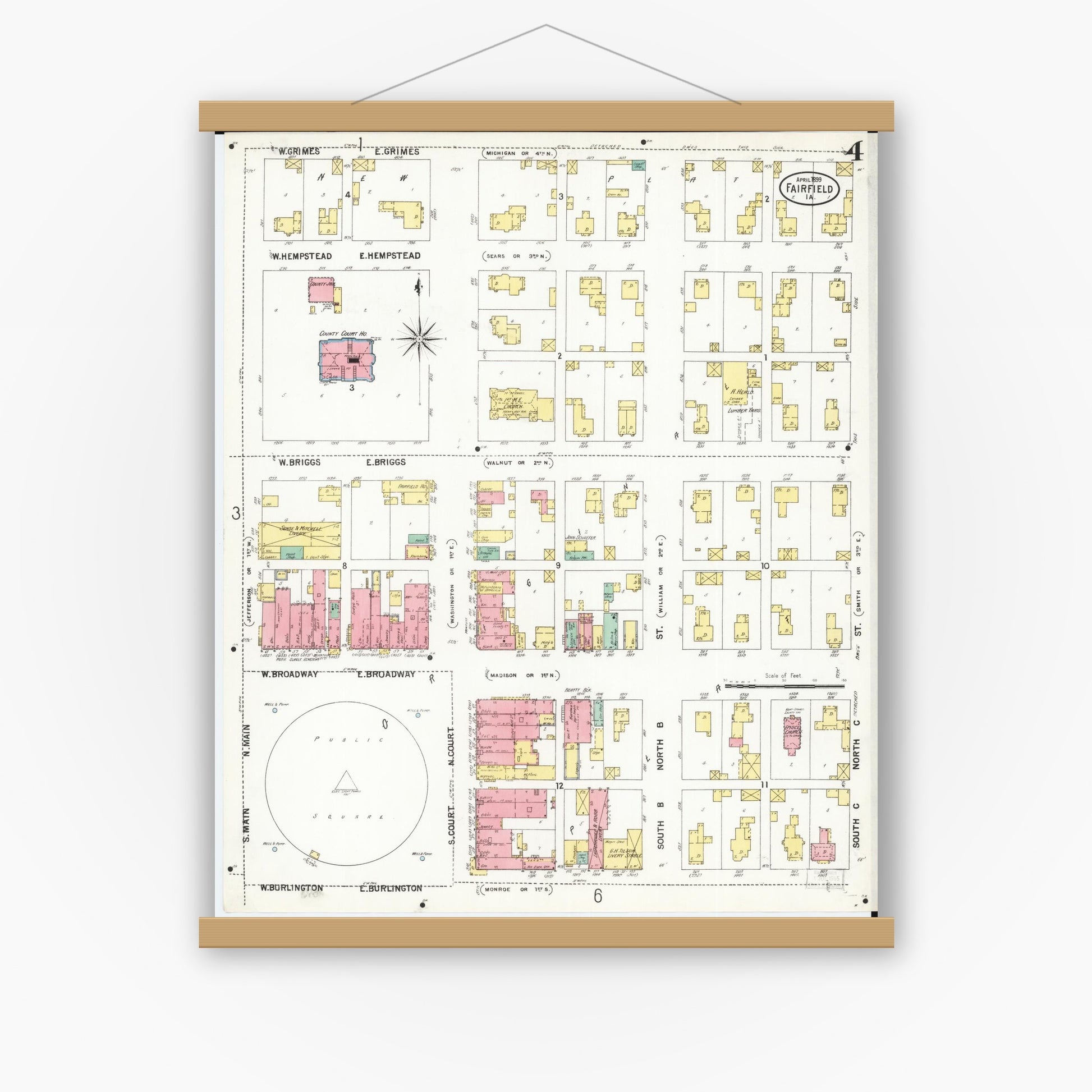 Old map wall art mockup — magnetic wood frame on white wall — Sanborn Fire Insurance Map from Fairfield, Jefferson County, Iowa (1899), Sheet #0004