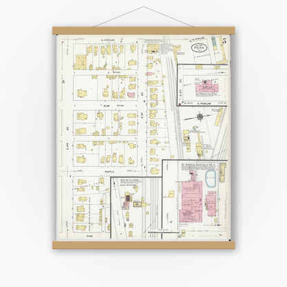 Old map wall art mockup — magnetic wood frame on white wall — Sanborn Fire Insurance Map from Pana, Christian County, Illinois (1909), Sheet #0005