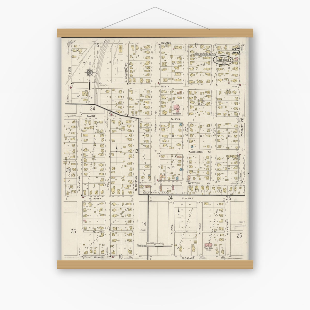 Old map wall art mockup — magnetic wood frame on white wall — Sanborn Fire Insurance Map from Janesville, Rock County, Wisconsin (1915), Sheet #0025
