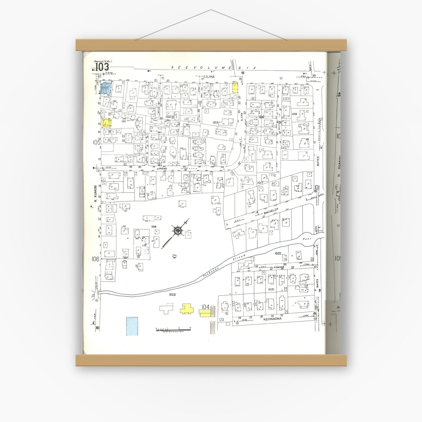 Old map wall art mockup — magnetic wood frame on white wall — Sanborn Fire Insurance Map from Honolulu, Oahu County, Hawaii (1955), Sheet #0103